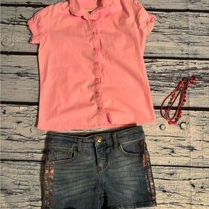 Pink Button-Up Blouse and Denim Shorts